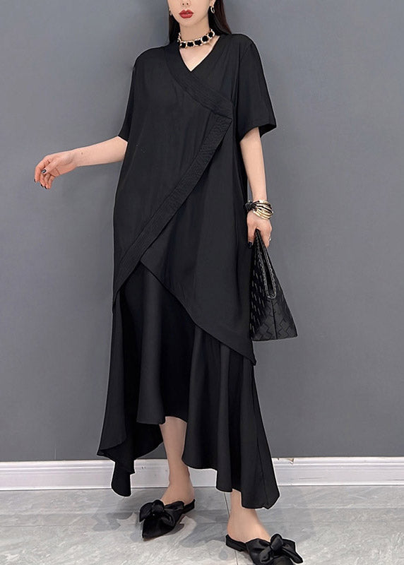 Boutique Black V Neck Asymmetrical Patchwork Long Dress Short Sleeve