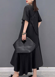 Boutique Black V Neck Asymmetrical Patchwork Long Dress Short Sleeve