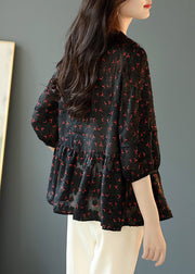 Boutique Black V Neck Wrinkled Print Lace Patchwork Chiffon Shirts Spring