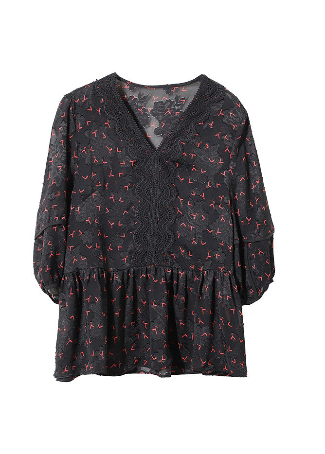 Boutique Black V Neck Wrinkled Print Lace Patchwork Chiffon Shirts Spring