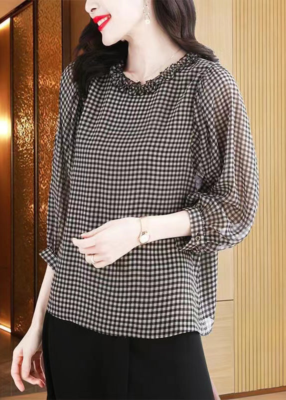 Boutique Black White Plaid O-Neck Button Ruffled Silk Top Puff Sleeve