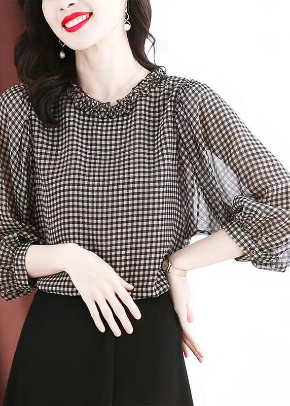 Boutique Black White Plaid O-Neck Button Ruffled Silk Top Puff Sleeve