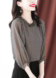 Boutique Black White Plaid O-Neck Button Ruffled Silk Top Puff Sleeve