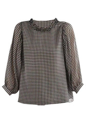 Boutique Black White Plaid O-Neck Button Ruffled Silk Top Puff Sleeve