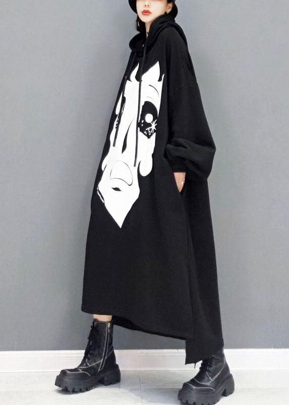 Boutique Black hooded Print Side Open Long Dress Fall Long Sleeve - bagstylebliss