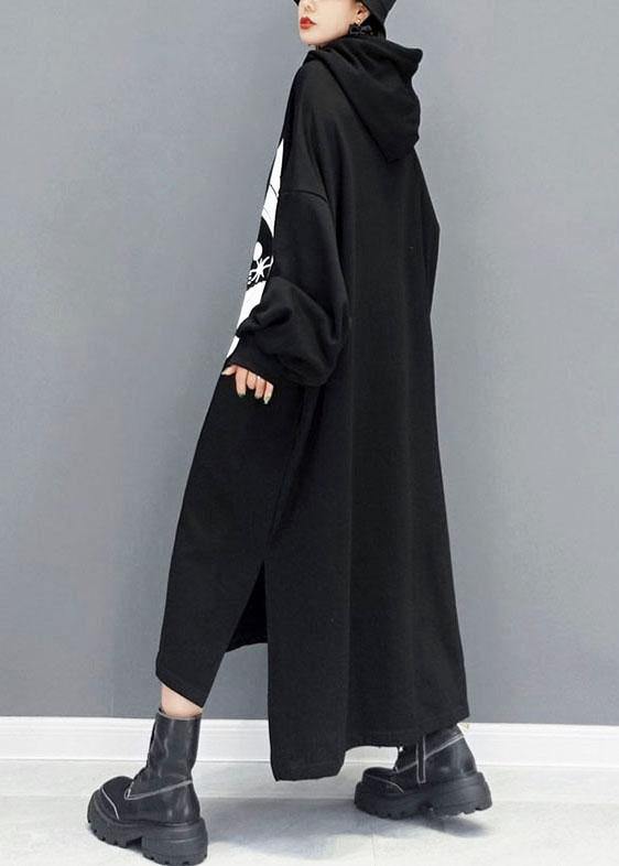 Boutique Black hooded Print Side Open Long Dress Fall Long Sleeve - bagstylebliss