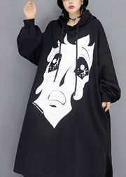 Boutique Black hooded Print Side Open Long Dress Fall Long Sleeve - bagstylebliss