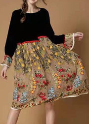 Boutique Black yellow flower Embroidered Patchwork Velour Dresses Winter