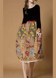 Boutique Black yellow flower Embroidered Patchwork Velour Dresses Winter