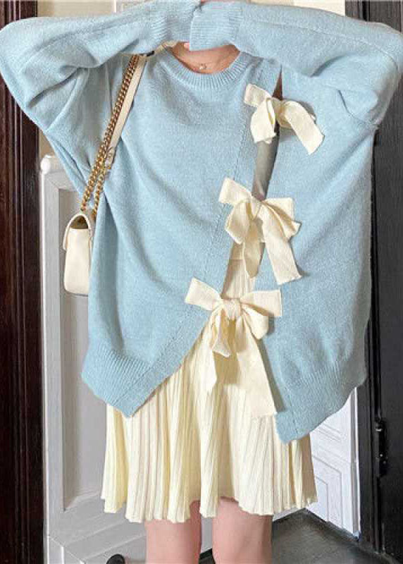 Boutique Blue Bow Patchwork Cute Fall Knit sweaters