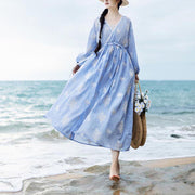 Boutique Blue Embroideried tie waist Long Summer Cotton Dress - bagstylebliss