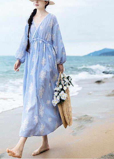 Boutique Blue Embroideried tie waist Long Summer Cotton Dress - bagstylebliss