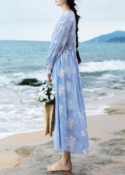 Boutique Blue Embroideried tie waist Long Summer Cotton Dress - bagstylebliss