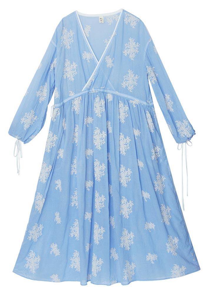 Boutique Blue Embroideried tie waist Long Summer Cotton Dress - bagstylebliss