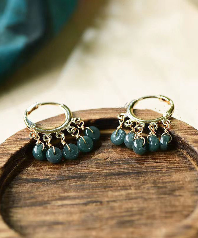 Boutique Blue Jade Tassel 14K Hoop Earrings