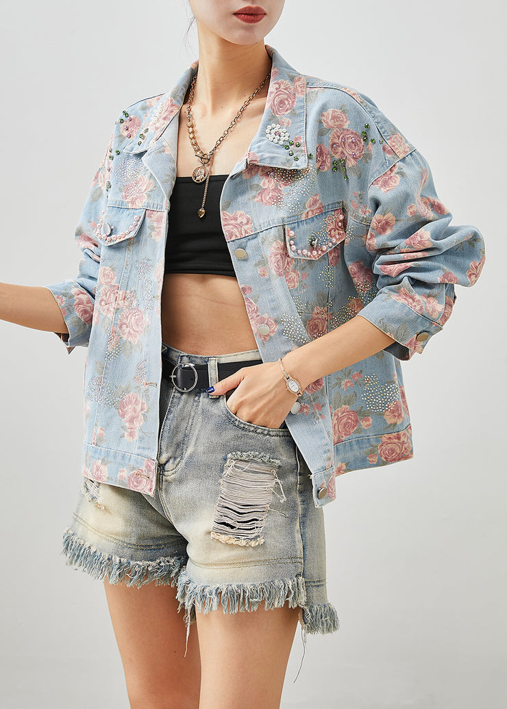 Boutique Blue Nail Bead Rose Print Denim Coats Fall