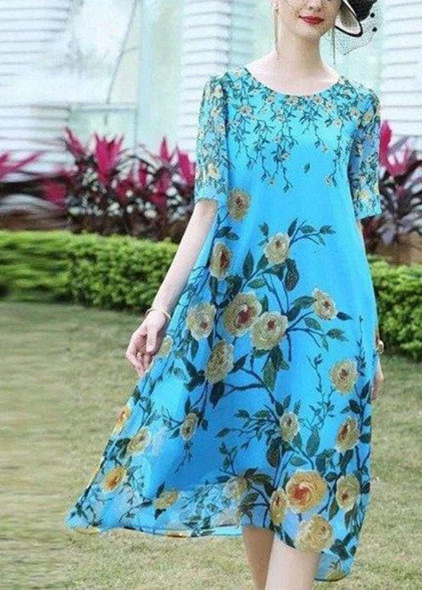 Boutique Blue O-Neck Floral Print Exra Large Hem Silk Dress Short Sleeve