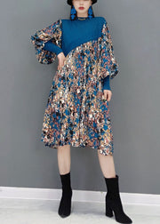 Boutique Blue O-Neck knit Patchwork Chiffon Holiday Dress Spring