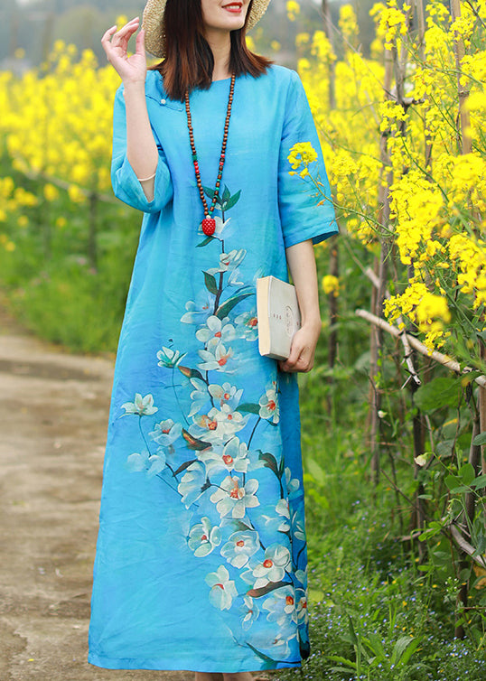 Boutique Blue O-Neck side open Floral Print Linen Long Dresses Half Sleeve