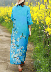 Boutique Blue O-Neck side open Floral Print Linen Long Dresses Half Sleeve