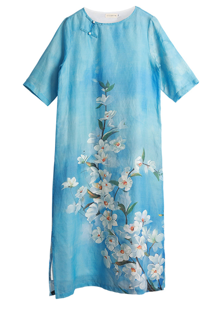 Boutique Blue O-Neck side open Floral Print Linen Long Dresses Half Sleeve