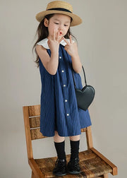 Boutique Blue Peter Pan Collar Striped Patchwork Cotton Baby Girls Dresses Summer