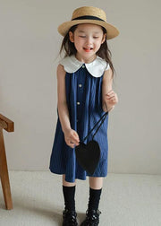 Boutique Blue Peter Pan Collar Striped Patchwork Cotton Baby Girls Dresses Summer