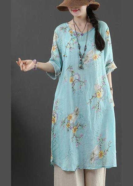 Boutique Blue Print Half Sleeve Long Linen Summer Tops - bagstylebliss