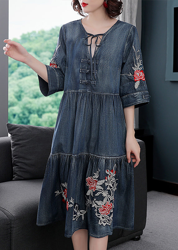 Boutique Blue V Neck Embroideried Cotton Holiday Denim Dress Half Sleeve