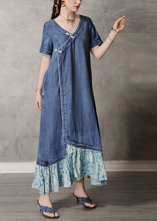 Boutique Blue V Neck Patchwork Cotton Denim Dress Short Sleeve