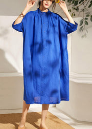 Boutique Blue Wrinkled Summer Linen Summer Dress Half Sleeve - bagstylebliss