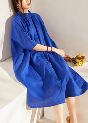 Boutique Blue Wrinkled Summer Linen Summer Dress Half Sleeve - bagstylebliss