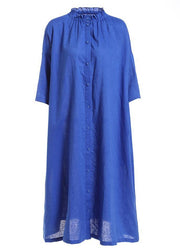 Boutique Blue Wrinkled Summer Linen Summer Dress Half Sleeve - bagstylebliss