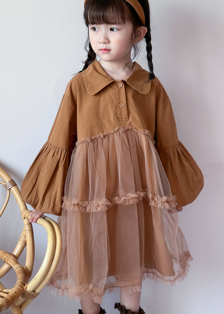 Boutique Caramel Peter Pan Collar Tulle Patchwork Cotton Baby Girls Dress Fall