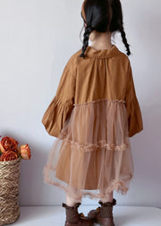 Boutique Caramel Peter Pan Collar Tulle Patchwork Cotton Baby Girls Dress Fall