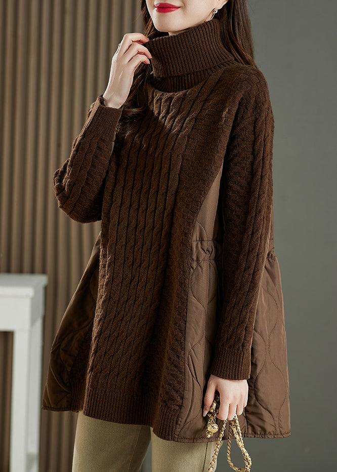 Boutique Coffee Hign Neck Thick Patchwork Knitted Sweaters Winter