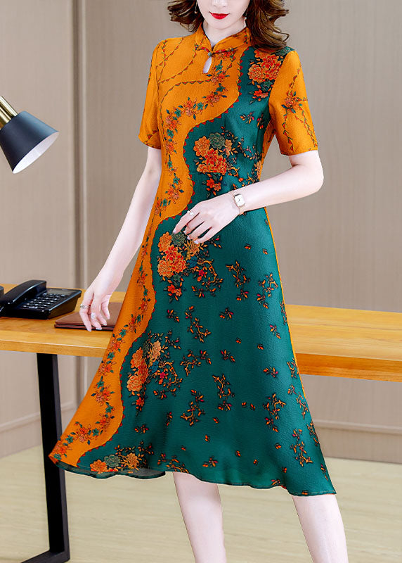 Boutique Colorblock Mandarin Collar Print Silk A Line Dresses Short Sleeve