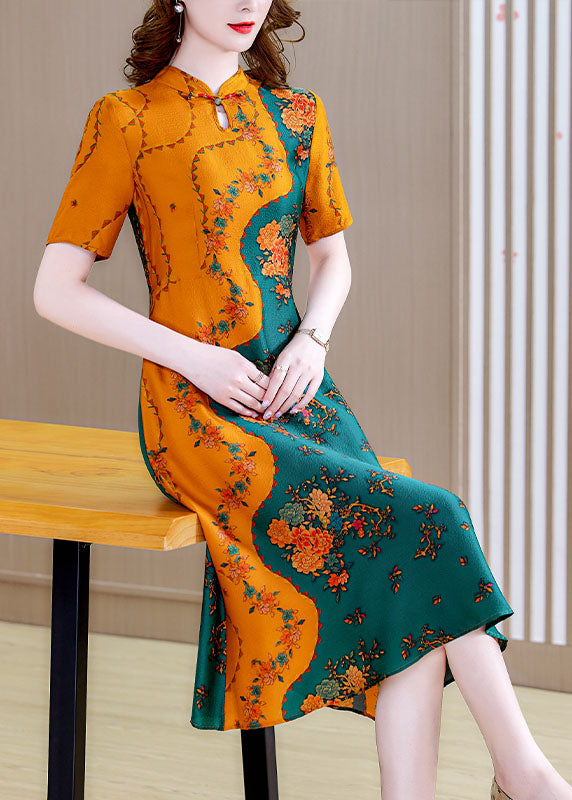 Boutique Colorblock Mandarin Collar Print Silk A Line Dresses Short Sleeve