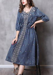 Boutique Denim Blue V Neck Embroideried Elastic Waist Cotton Dresses Bracelet Sleeve