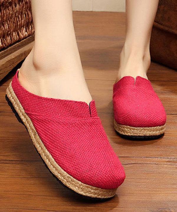 Boutique Flat Shoes For Women Red Cotton Linen Fabric Slippers Shoes - bagstylebliss