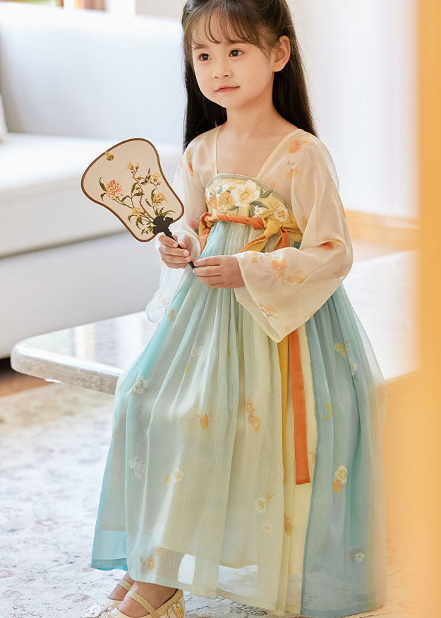 Boutique Gradient Color Embroidered Wrinkled Chiffon Kids Girls Long Dresses Summer