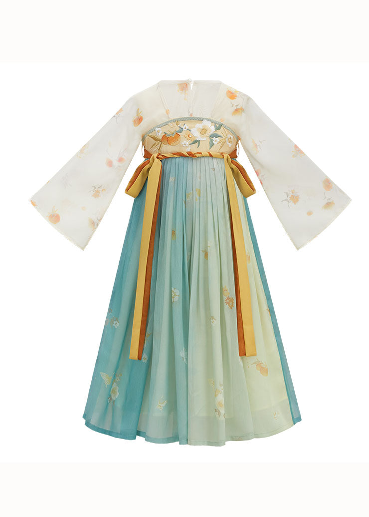 Boutique Gradient Color Embroidered Wrinkled Chiffon Kids Girls Long Dresses Summer