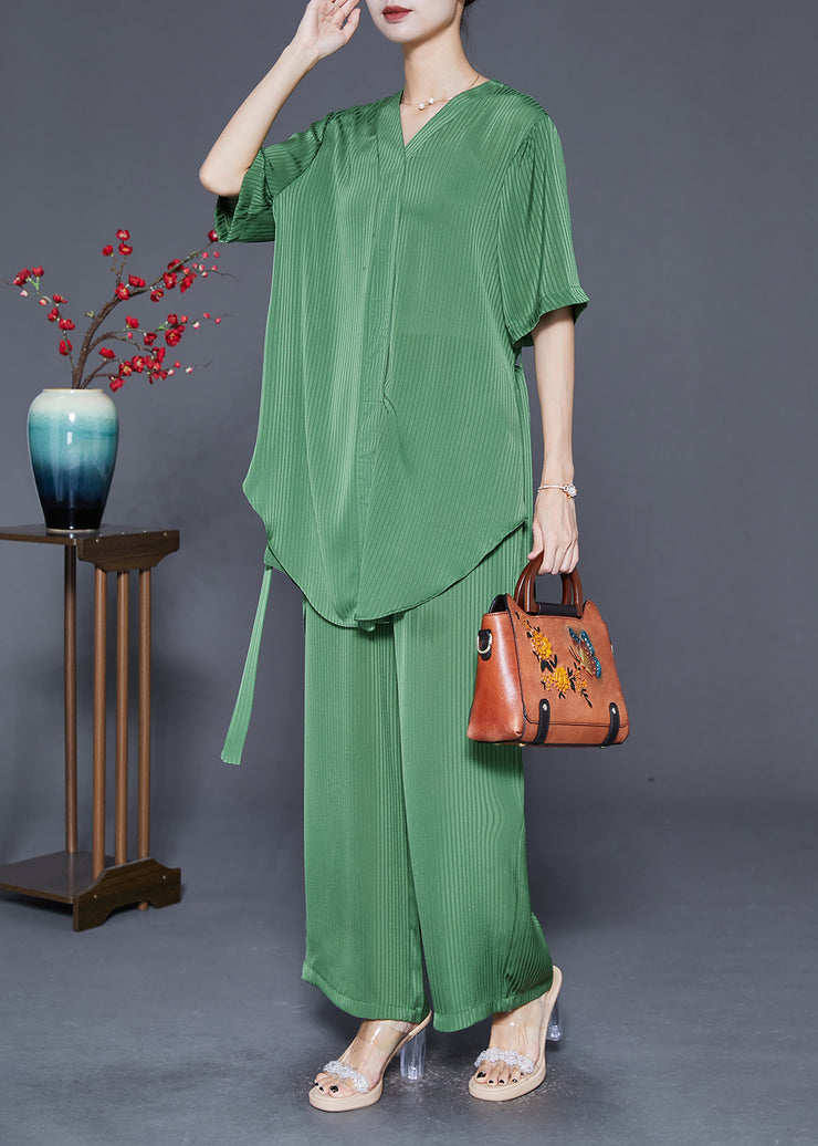 Boutique Green Asymmetrical Striped Silk Two Pieces Set Fall