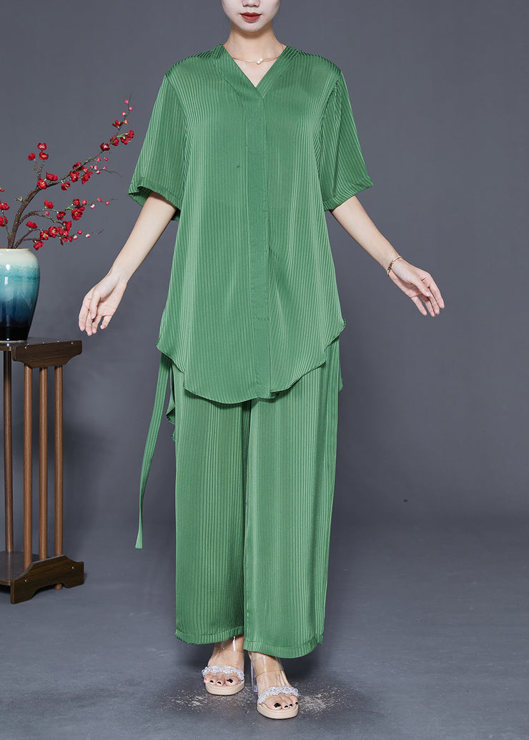 Boutique Green Asymmetrical Striped Silk Two Pieces Set Fall