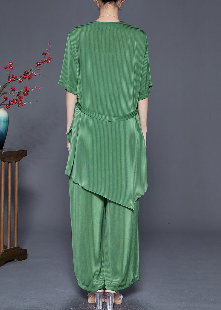 Boutique Green Asymmetrical Striped Silk Two Pieces Set Fall