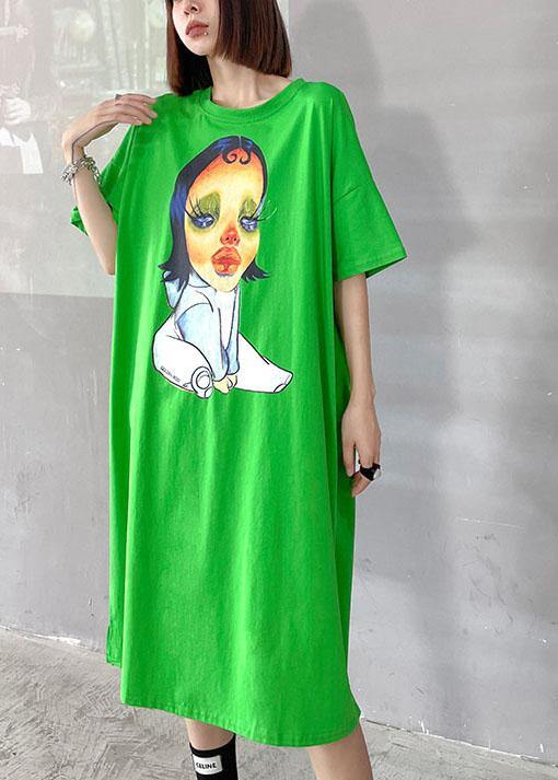 Boutique Green Character Pattern Side Open Long Dress - bagstylebliss
