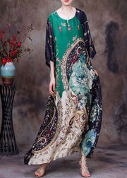 Boutique Green O-Neck Original Design Print Draping Silk Maxi Dress Half Sleeve