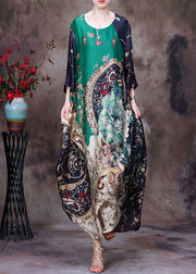 Boutique Green O-Neck Original Design Print Draping Silk Maxi Dress Half Sleeve