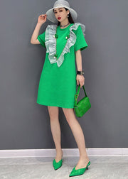 Boutique Green O-Neck Patchwork Ruffles Cotton Mid Dress Short Sleeve