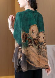 Boutique Green Oversized Print Silk Shirt Top Batwing Sleeve